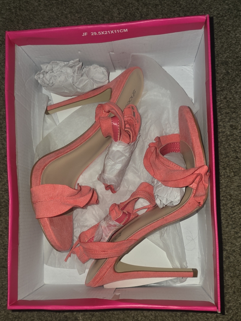 Shoe Dazzle Shirah Coral Suede Ruffle Ankle-Tie Stilettos